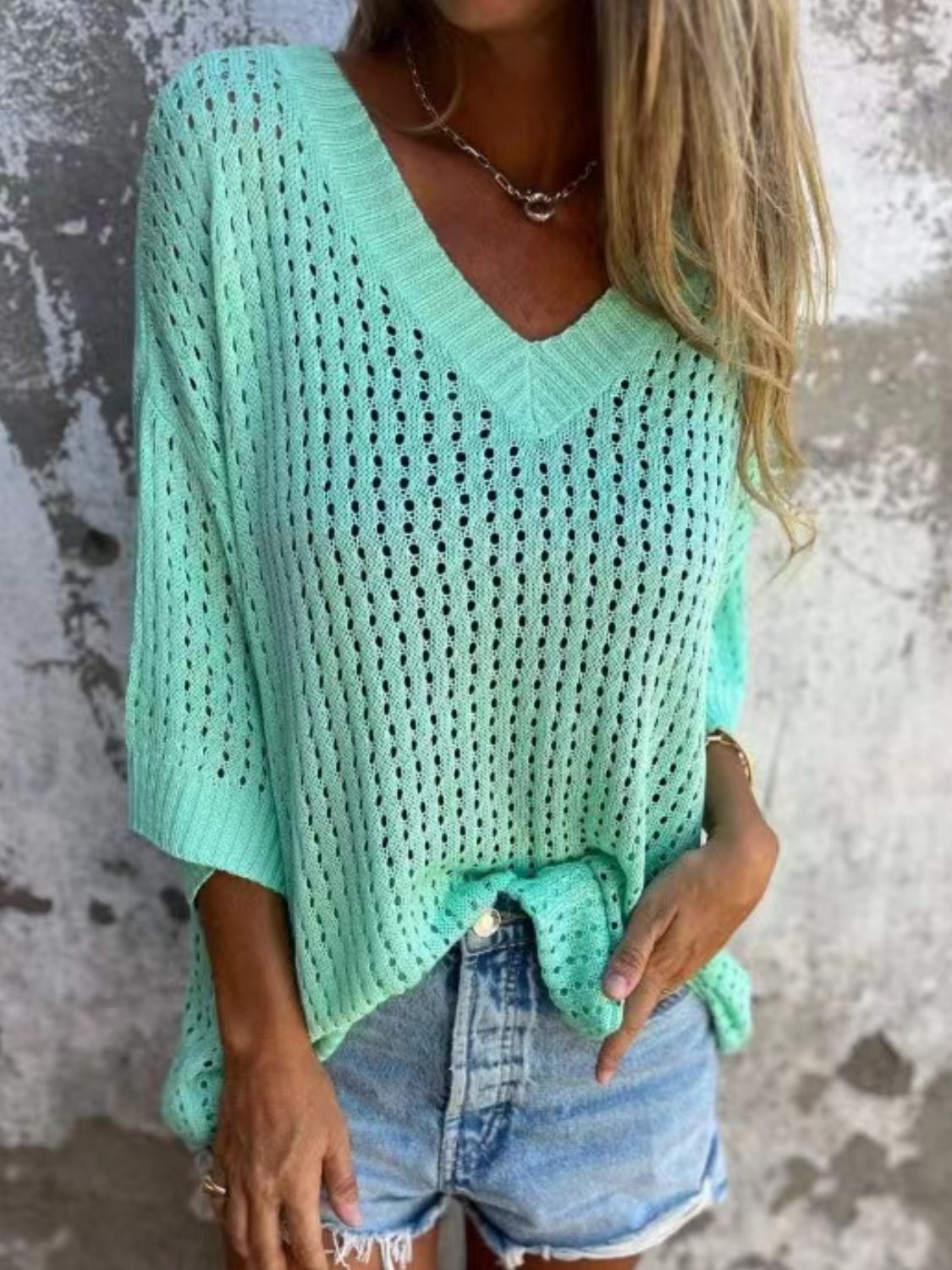 Full Size Openwork V-Neck Knit Cover Up Plus Size