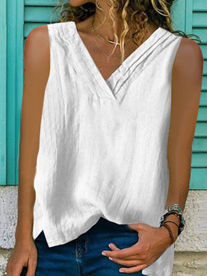 Airrys™ Ladies Cotton Linen V-Neck Hem Bifurcated Sleeveless Shirt