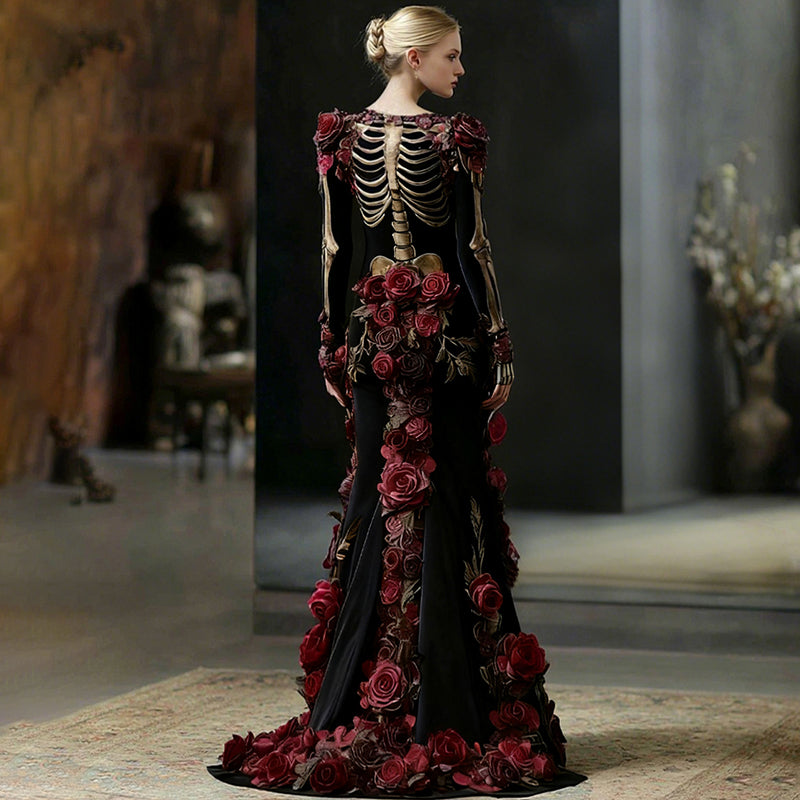 Women's Vintage Skeleton Bones In Red Rose Art Velvet Maxi Dress