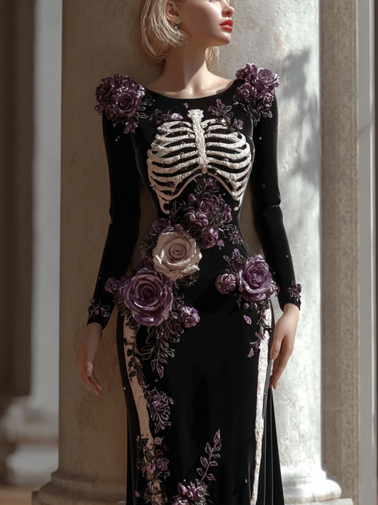 Halloween Theme Lady Round Neck Fitted Velvet Long Dress