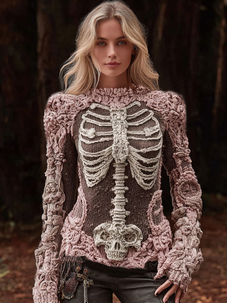 Women's Vintage Halloween Anatomy And Skeleton Art Cozy Sweater