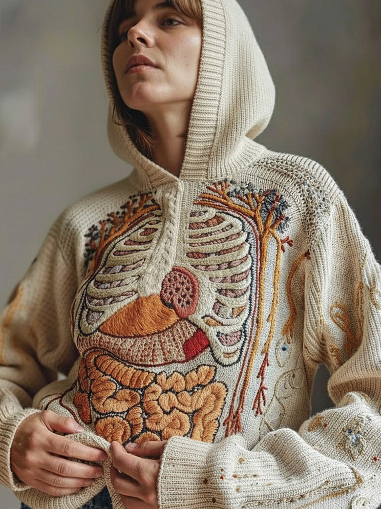 Vintage Halloween Anatomy Art Chunky Knitted Hooded Sweater