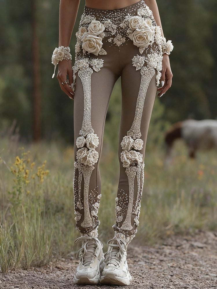 Vintage Halloween Skeleton Bones With Rose Art Cozy Knit Leggings