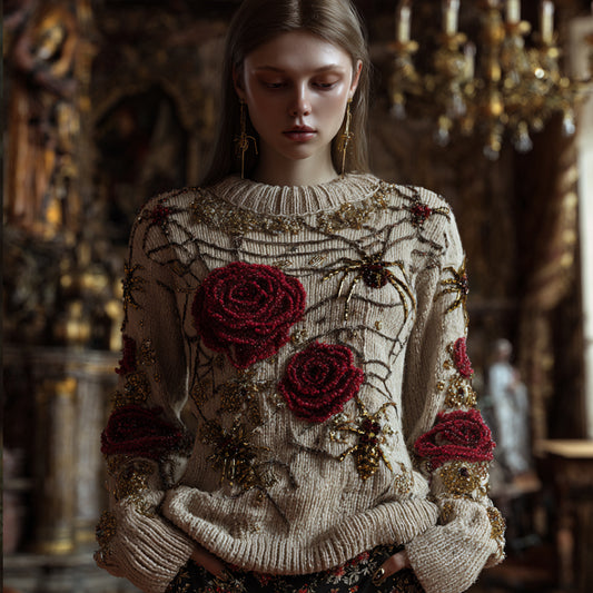 Antique Halloween Spider Silk And Red Rose Rice White Round Neck Sweater