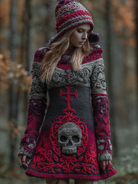 Halloween Viking Style Lady Hooded Knit Sweater Dress
