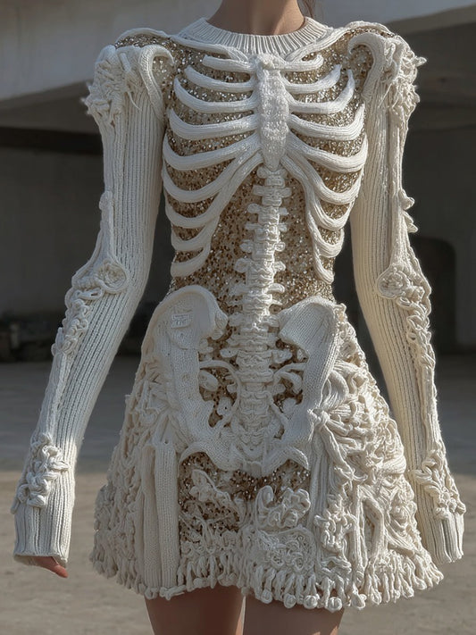 Women's Vintage Skull Floral Art Cozy Sweater Dress