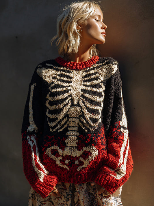 Vintage Halloween Skeleton Bones Art Chunky Knitted Sweater