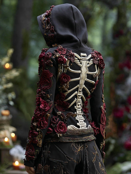 Women's Halloween Rose And Skull Graphic Casual Hoodie