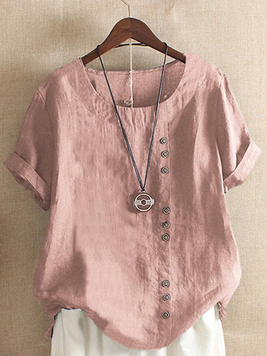 Airrys™ Women's Vintage Cotton Linen Button Crew Neck Short Sleeve T-Shirt