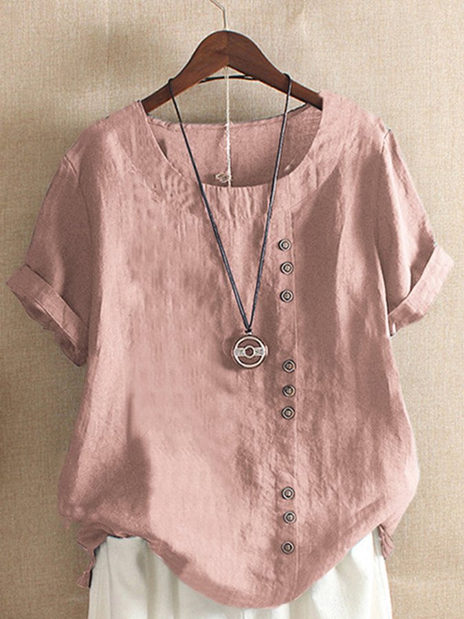 Airrys™ Women's Vintage Cotton Linen Button Crew Neck Short Sleeve T-Shirt