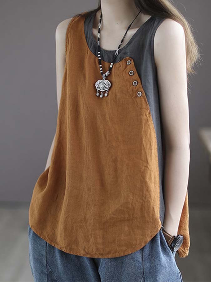 Airrys™ Women's Cotton Linen Colorblock Button Loose Sleeveless Top