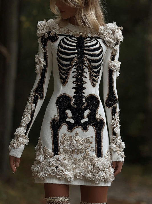 Classy Skull And Roses Art Cozy Knit Sweater Dress