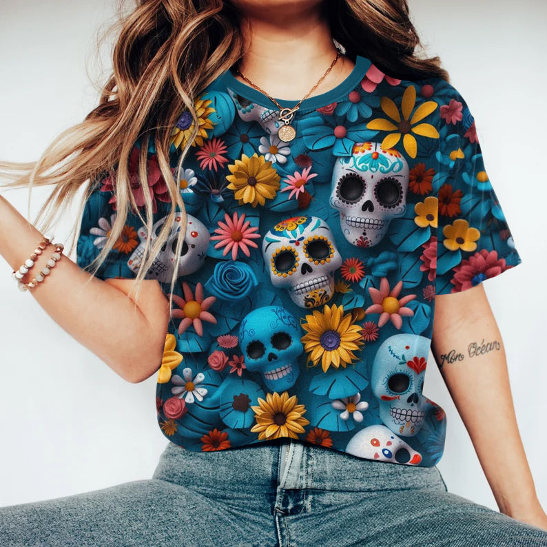 Mexican Skull Day Of The Dead Cotton Graphic T-Shirt