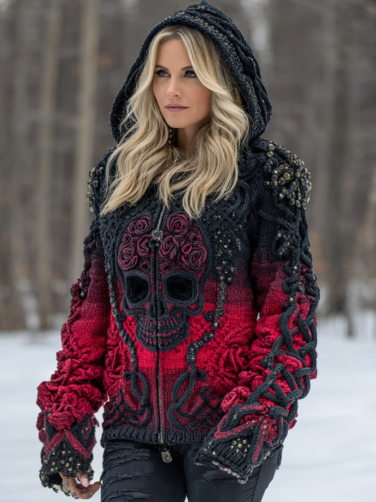Women's Vintage Viking Tribal Celtic Skull Gradient Art Cozy Knitted Hooded Cardigan