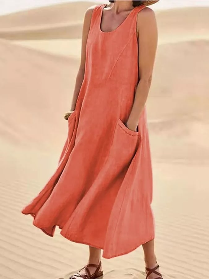 Women's Casual Pure Color Sleeveless Cotton Dress