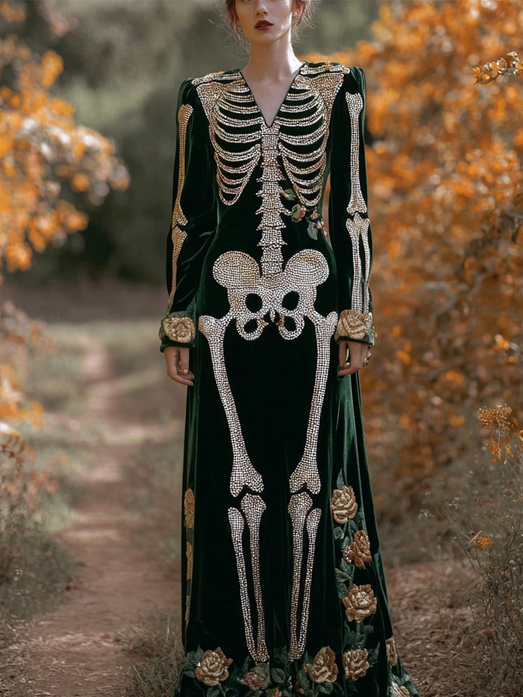 Vintage Glitter Skeleton Roses Embroidered Cozy Maxi Velvet Dress