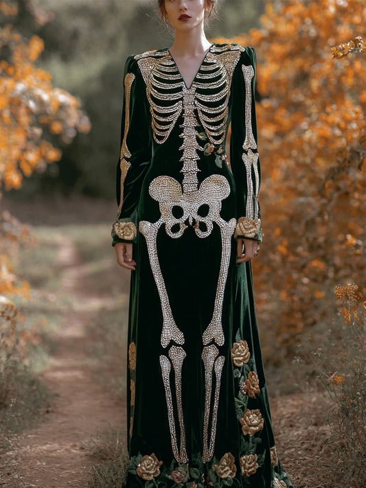 Vintage Glitter Skeleton Roses Embroidered Cozy Maxi Velvet Dress