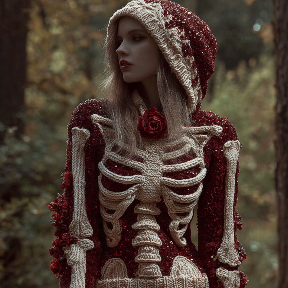 Women's Halloween Skeleton Rose Art Hoodie Sweater