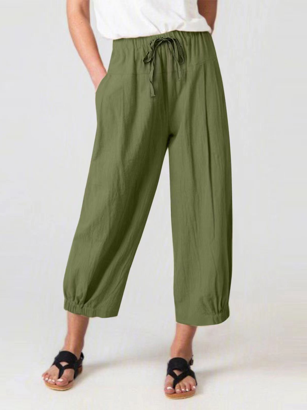 Women's Cotton Linen Drawstring Cropped Pocket Casual Pants