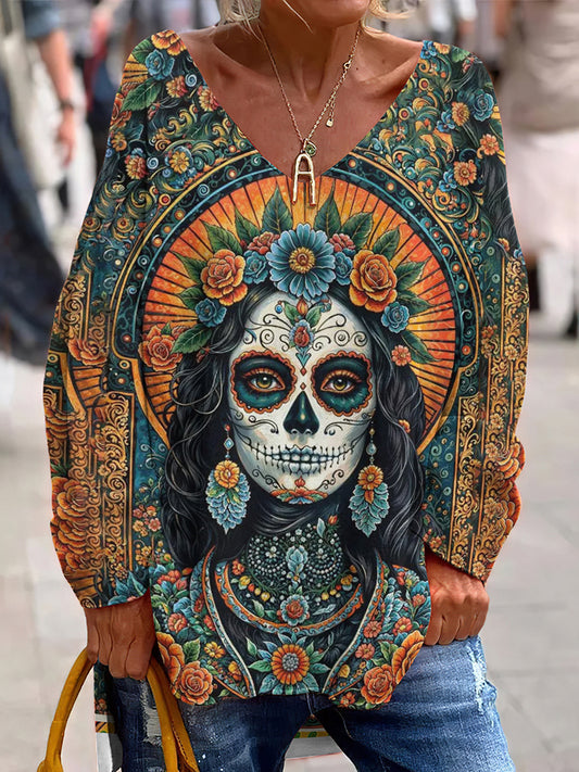 Classy Mexican Sugar La Catrina Day Of The Dead Inspired Pattern Art Printed V-Neck T-Shirt