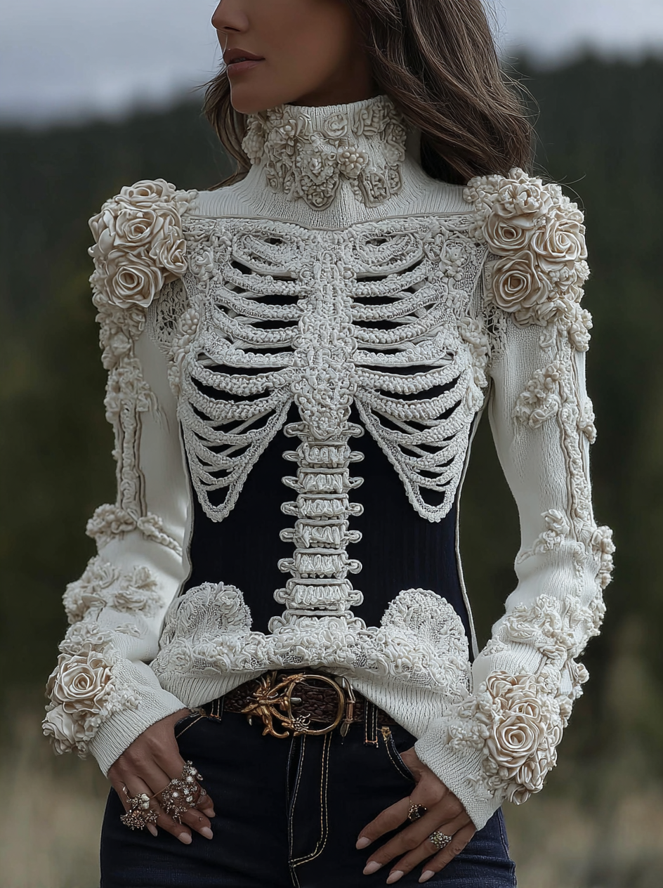 Women's Halloween Skeleton Bones With Roses Art Knitted Warm Turtleneck Sweater