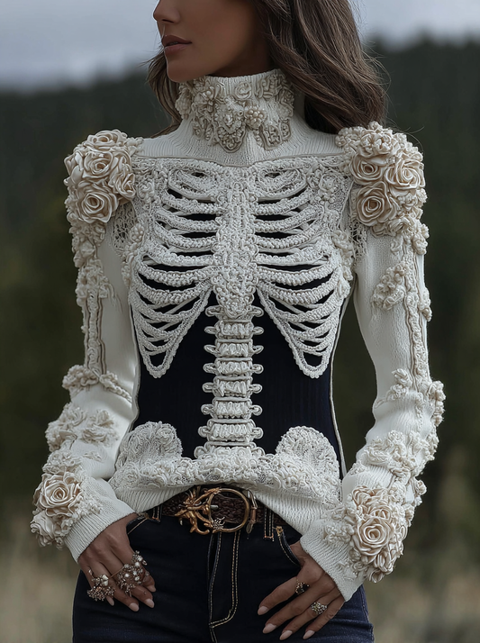 Women's Halloween Skeleton Bones With Roses Art Knitted Warm Turtleneck Sweater