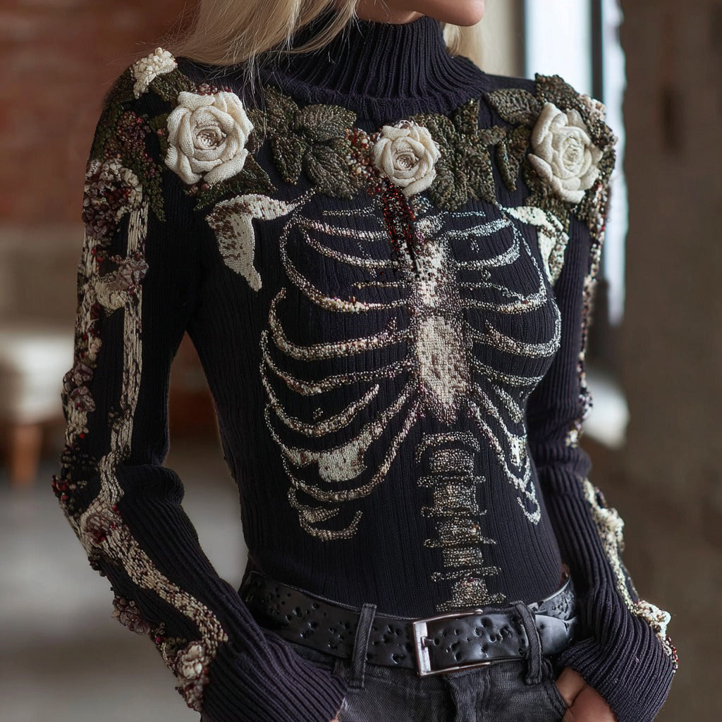 Women's Halloween Bloody Floral & Skeleton Art Turtleneck Slim Sweater