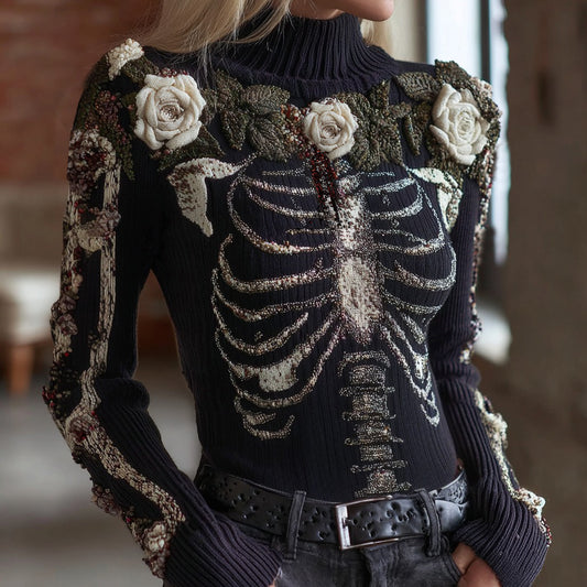 Women's Halloween Bloody Floral & Skeleton Art Turtleneck Slim Sweater