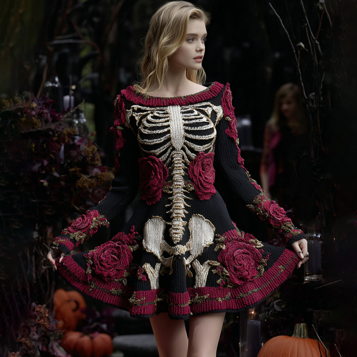 Women's Vintage Floral Skull Pattern Knit Mini Sweater Dress