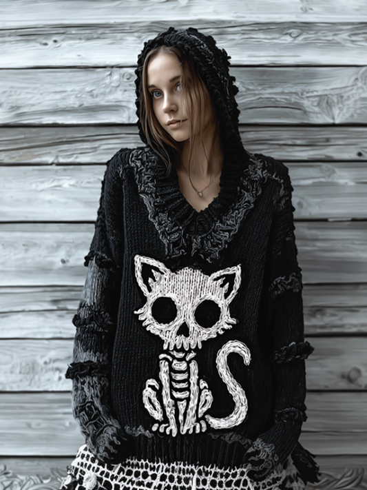 Halloween Cat And Skeleton Pattern Women's V-neck Hooded Knit Sweater