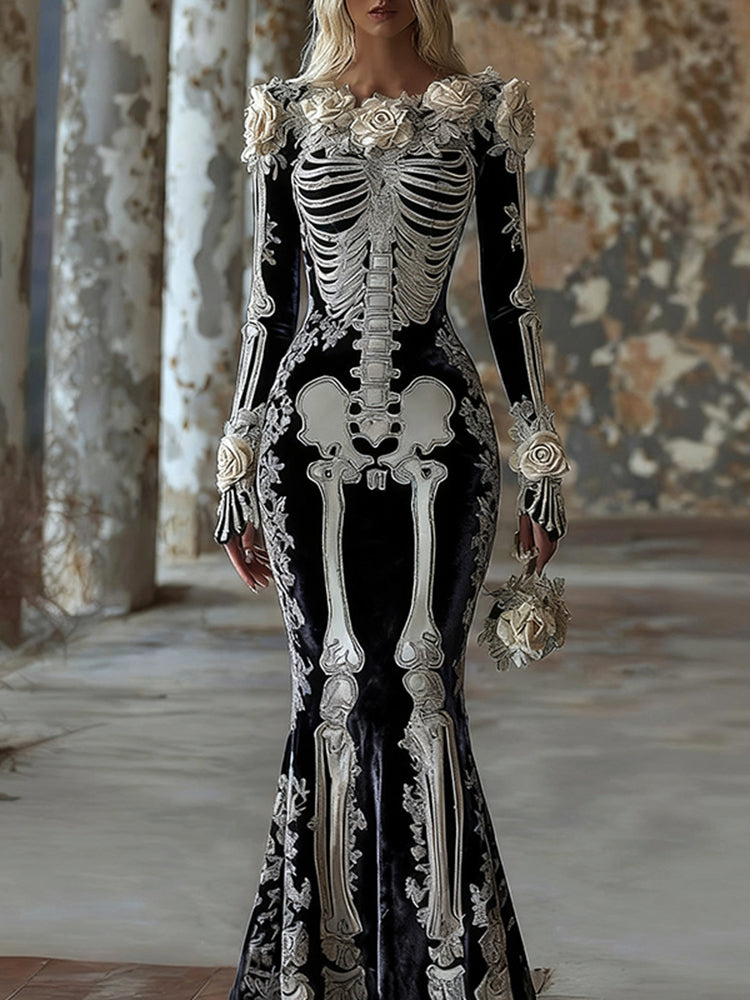 Women's Vintage Halloween Skull Rose Art Velvet Crew Neck Maxi Dress