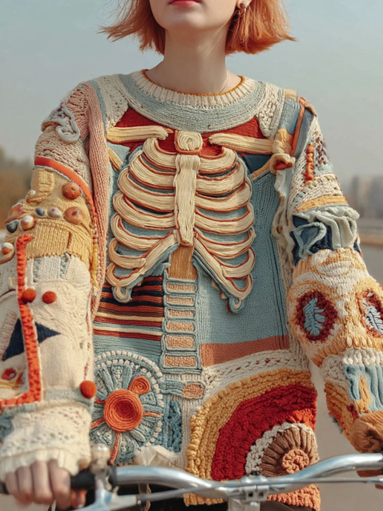 Women's Vintage Halloween Anatomy And Floral Art Cozy Sweater