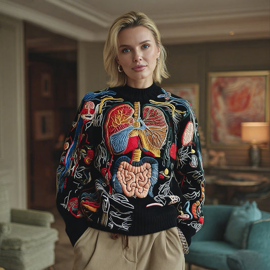 Women's Classic Halloween Anatomy Art Cozy Knit Pullover Sweater