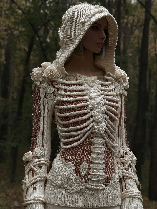 Women's Halloween Skull And White Rose Mesh Sweater