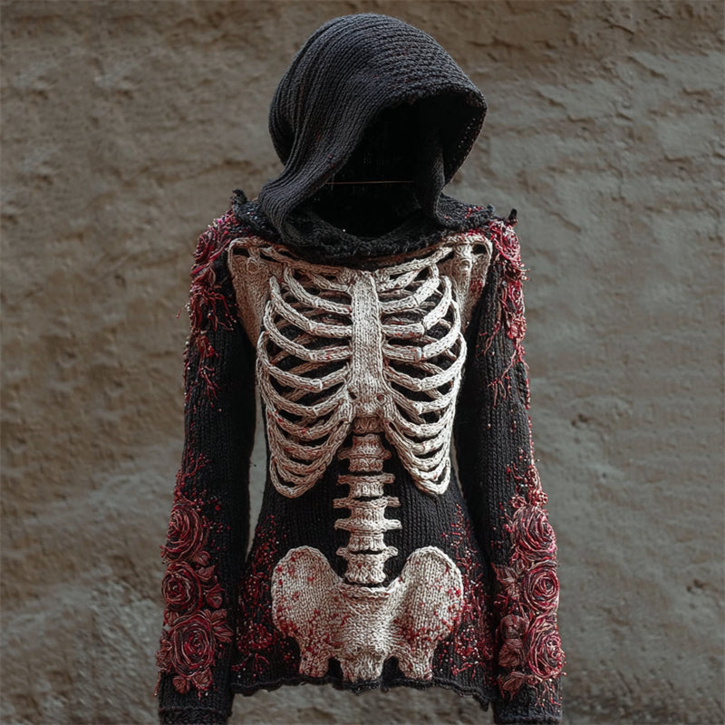 Vintage Bloody Roses Skeleton Crochet Cozy Knit Hooded Sweater