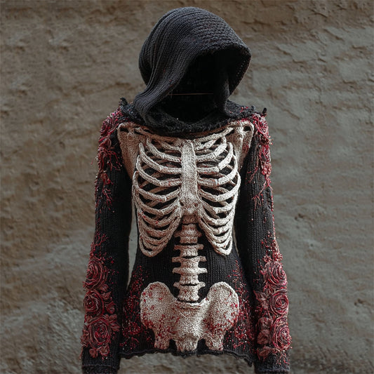 Vintage Bloody Roses Skeleton Crochet Cozy Knit Hooded Sweater