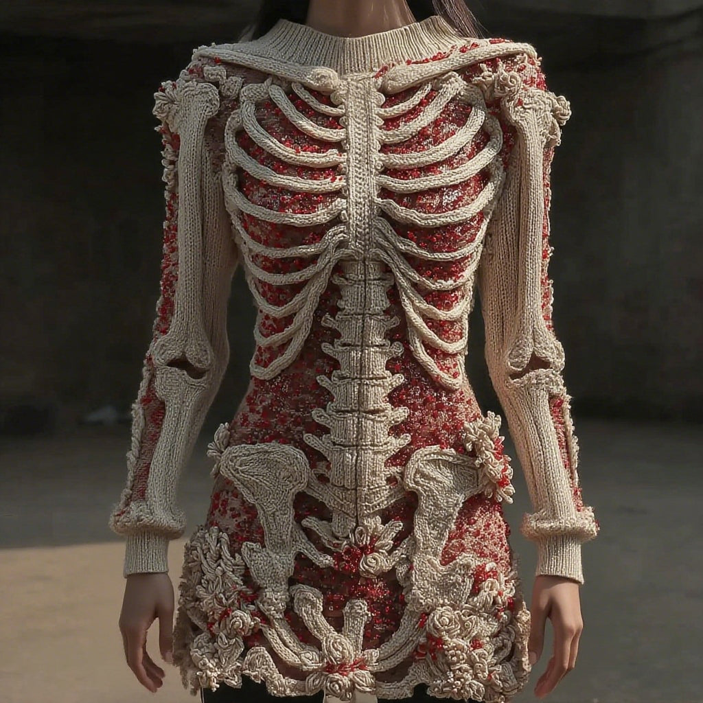 Women's Vintage Skull Floral Art Cozy Sweater Dress