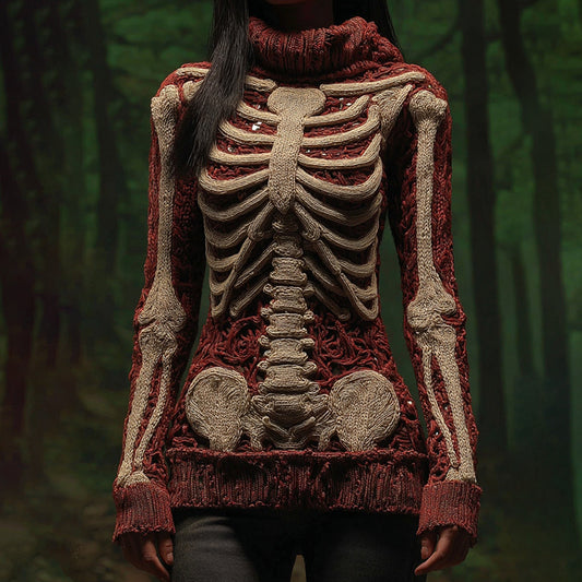 Women's Vintage Skeleton Color Bolock Art Cozy High Neck Sweater