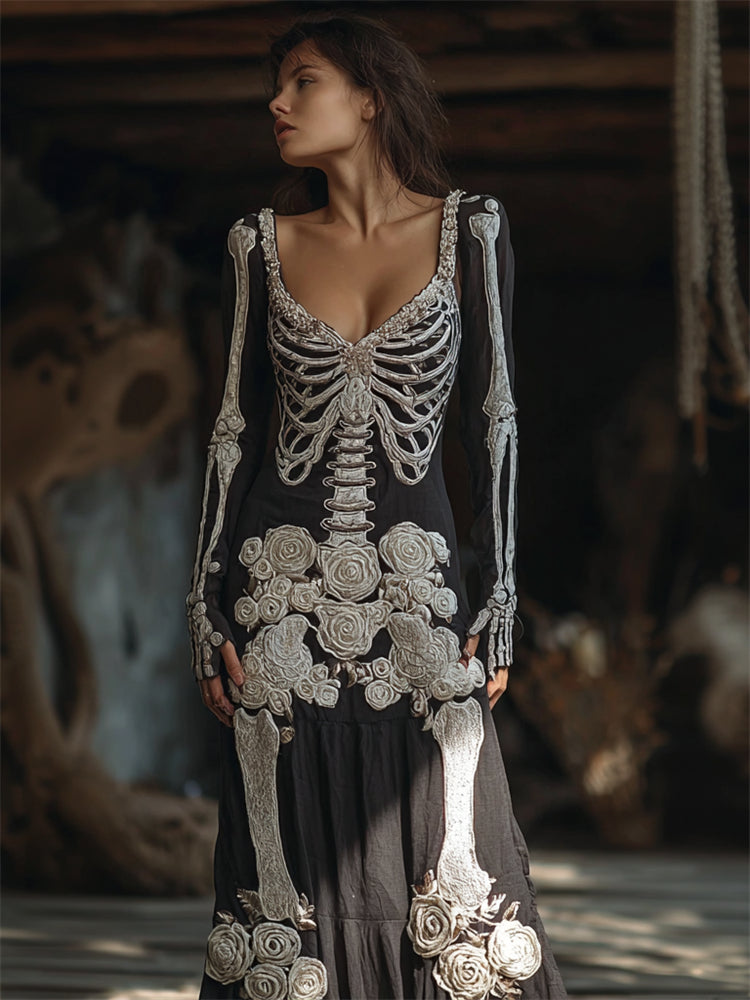 Vintage Skeleton White Floral Beaded Linen Maxi Dress