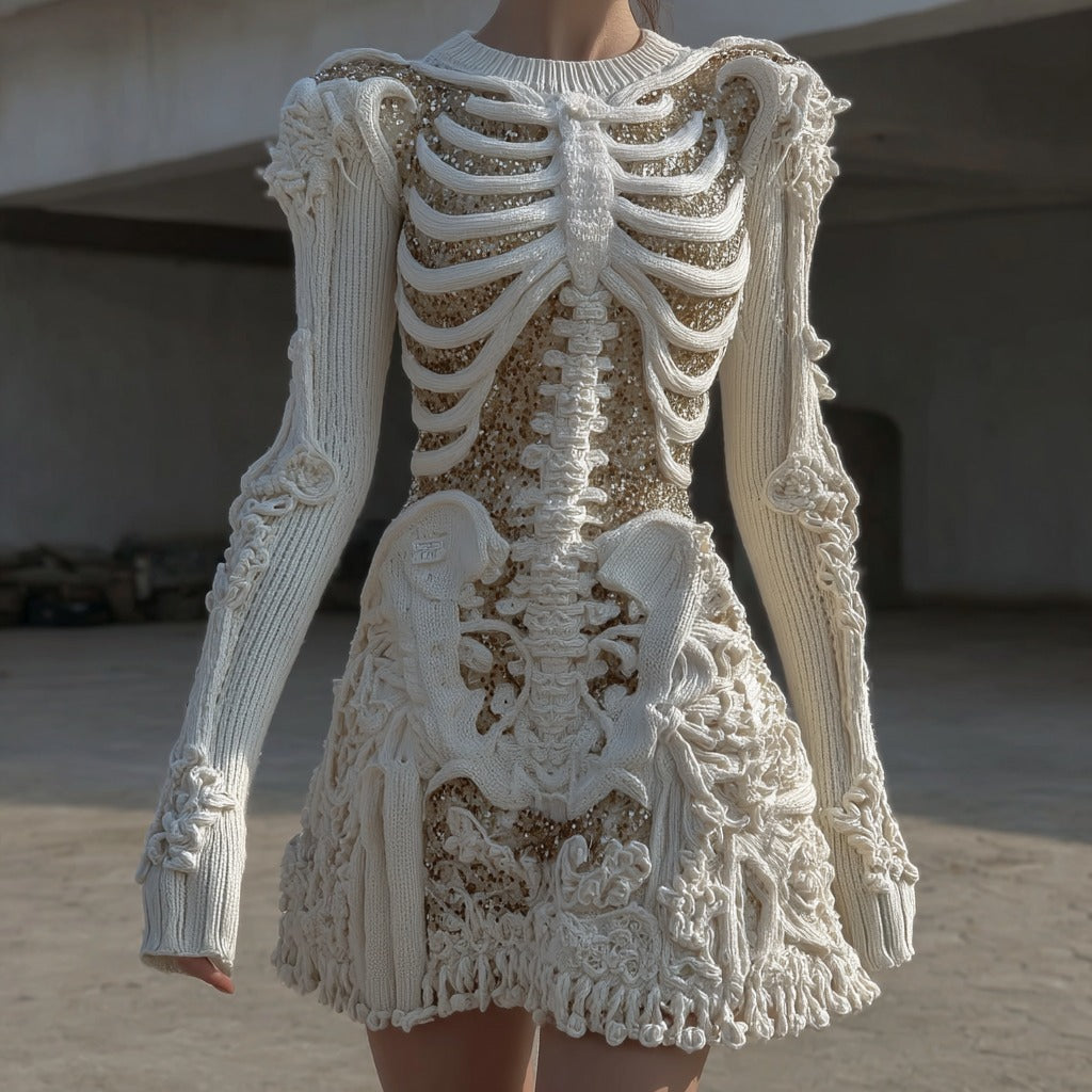 Women's Vintage Skull Floral Art Cozy Sweater Dress