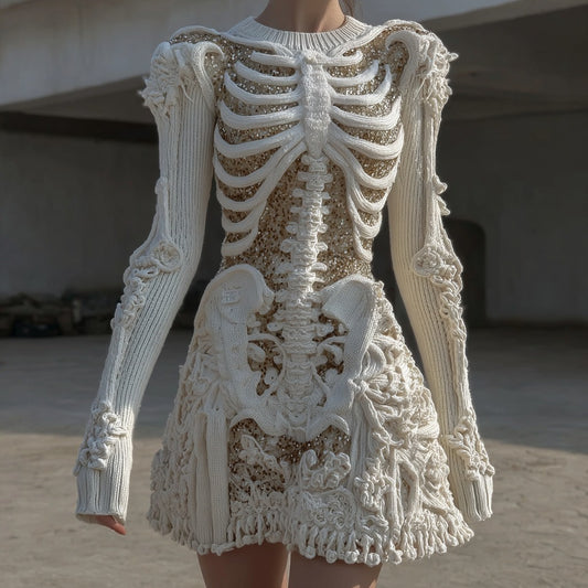 Women's Vintage Skull Floral Art Cozy Sweater Dress