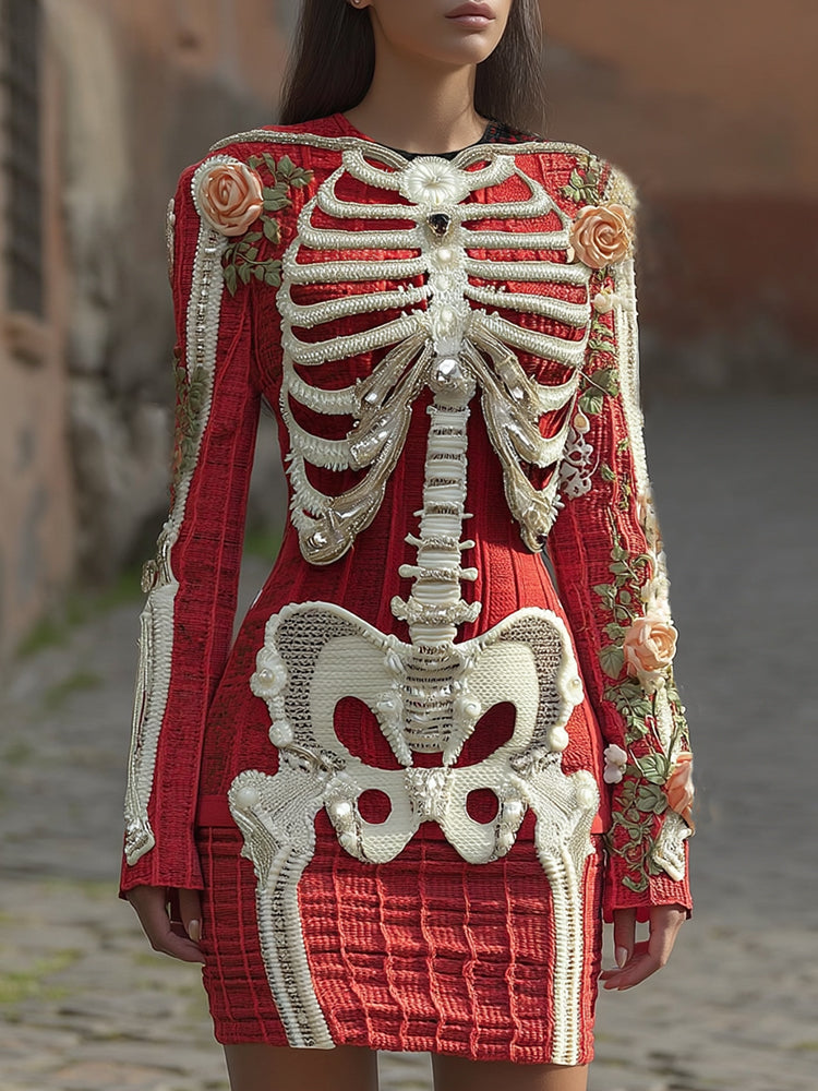 Women's Vintage Halloween Skeleton Bones With Rose Art Cozy Knit Mini Sweater Dress