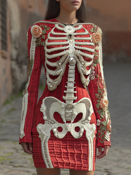 Women's Vintage Halloween Skeleton Bones With Rose Art Cozy Knit Mini Sweater Dress