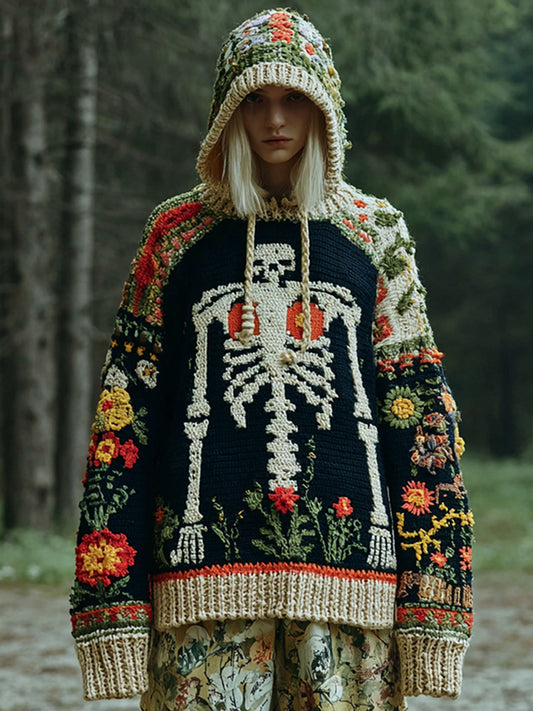 Women's Halloween Skull Floral Pattern Knitted Hooded Sweater