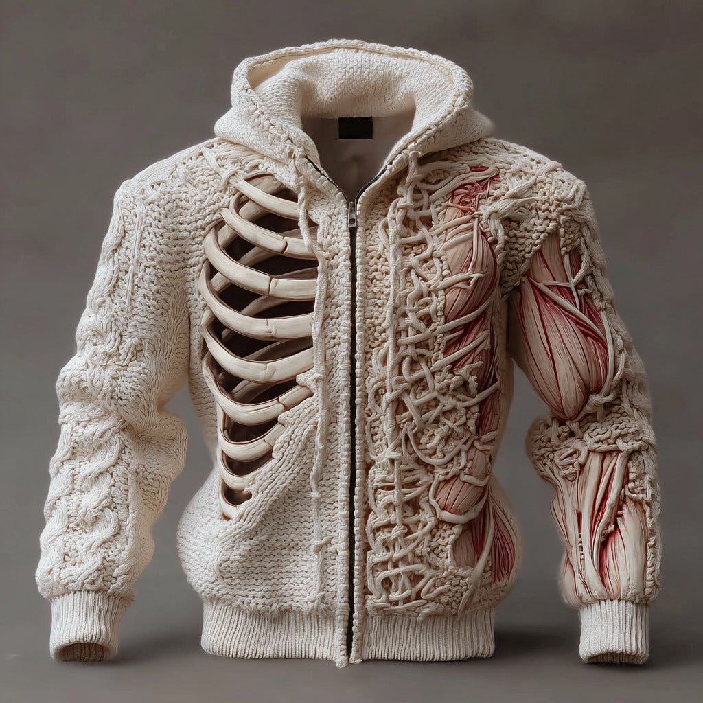 Men's Halloween Skull And Muscle Art Knit Zippered Jacket