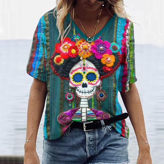 Classic Mexican Sugar Skeleton Catrina Day Of The Dead Inspired Painting V-Neck T-Shirt
