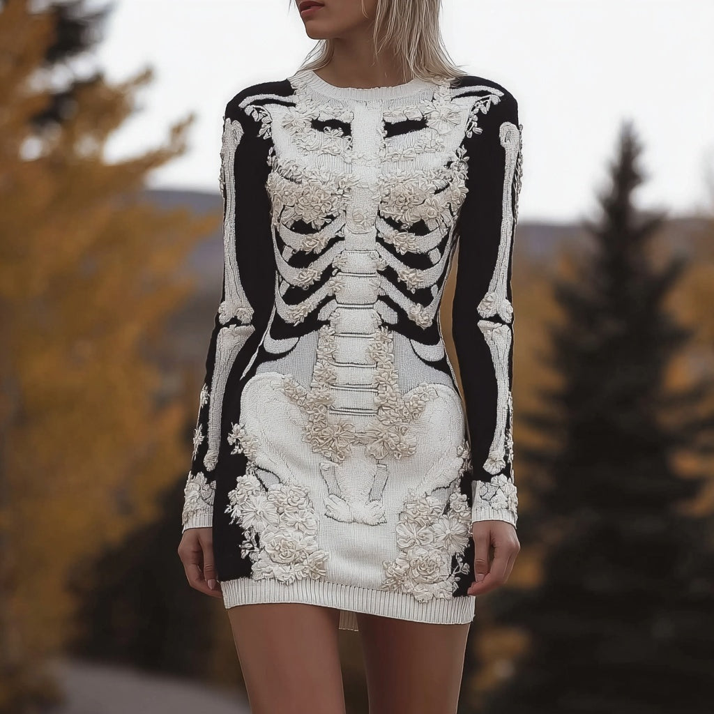 Vintage Halloween Skeleton Floral Art Cozy Sweater Dress