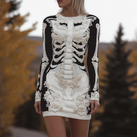 Vintage Halloween Skeleton Floral Art Cozy Sweater Dress