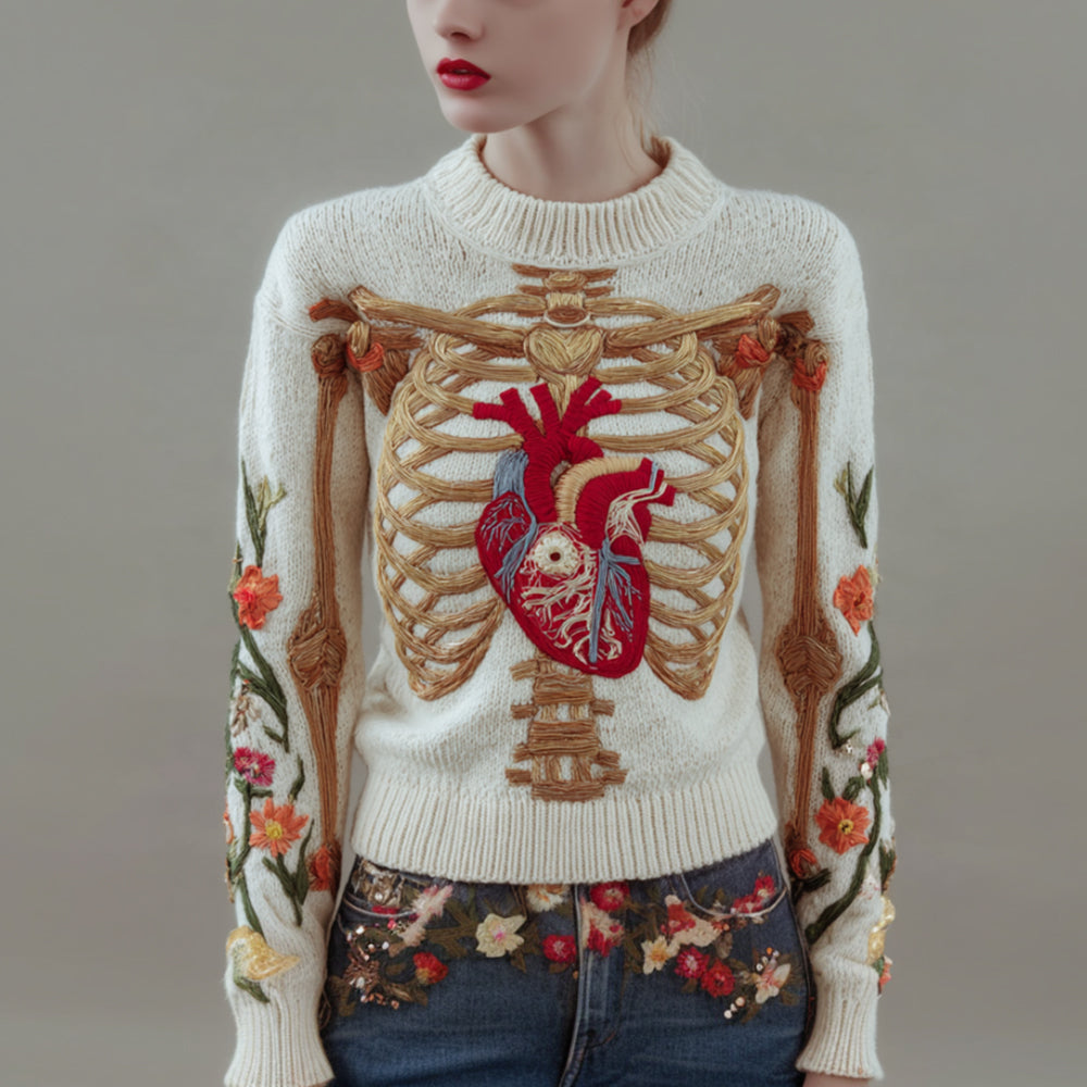 Women's Halloween Anatomy Art And Flower Vintage Round Neck Sweater