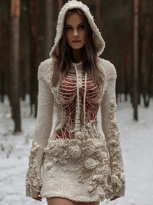 Women's Vintage Halloween Skeleton & Rose Art Cozy Sweater Hooded Dress